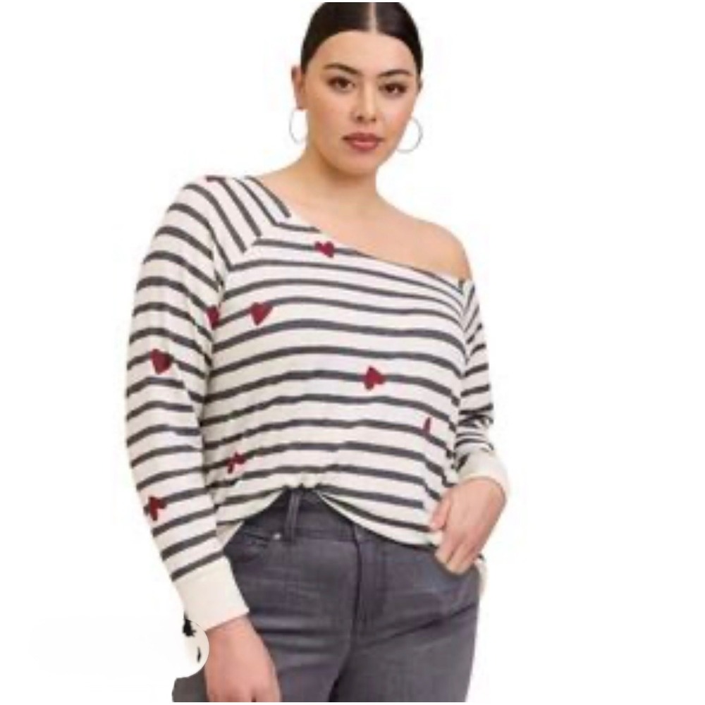 Torrid Off Shoulder Soft French Terry Heart Stripe Sweatshirt 2X NEW
